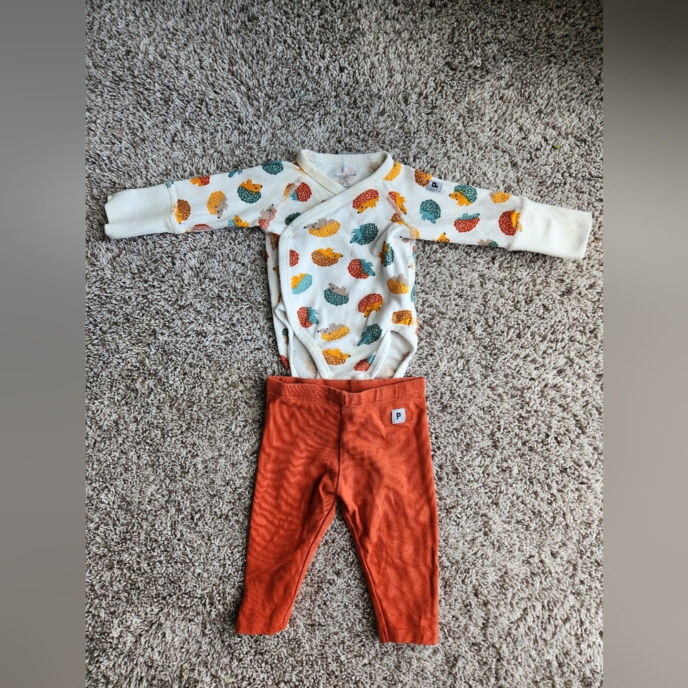Polarn O. Pyret Leaf Print Onesie and Orange Pants
